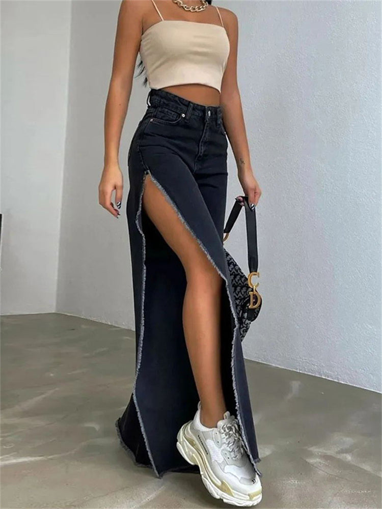 High Waisted Side Split Out Jeans Women Casual Loose Cargo Black Pants Streetwear Summer Wide Leg Long Baggy Y2k Jeans