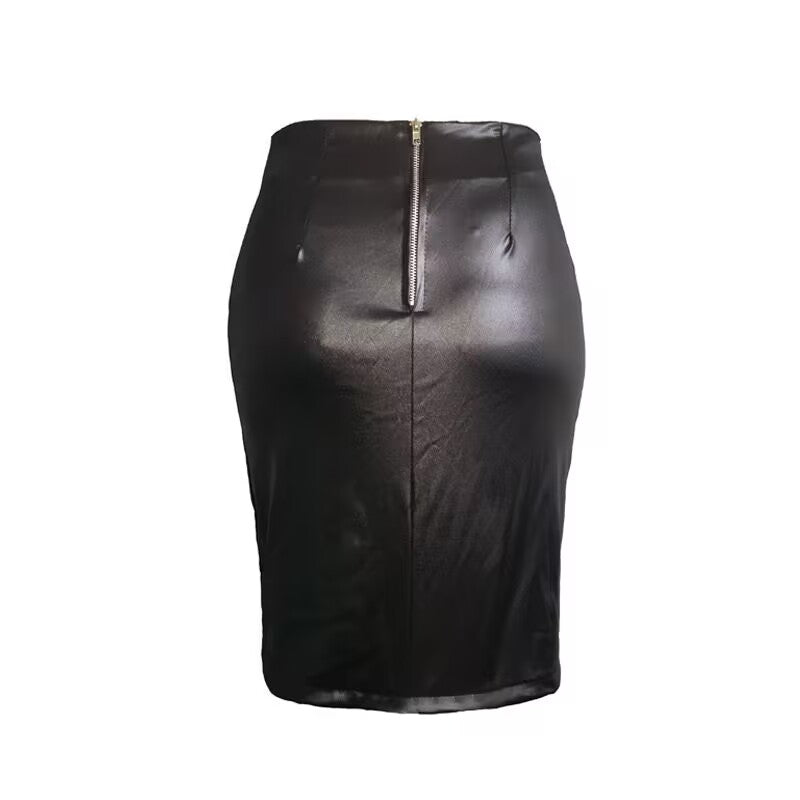 Black Gothic Faux Leather Midi Skirt with Back Zipper Lace
