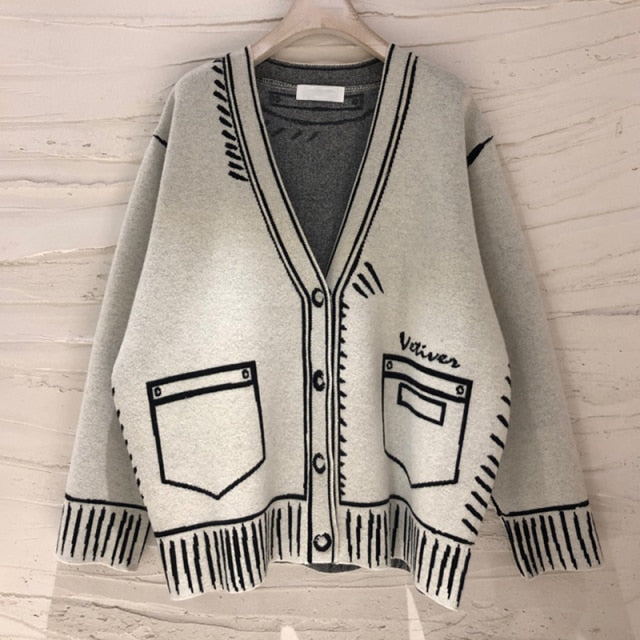 2D Drawing Print Intarsia Cardigan - 2 Colors