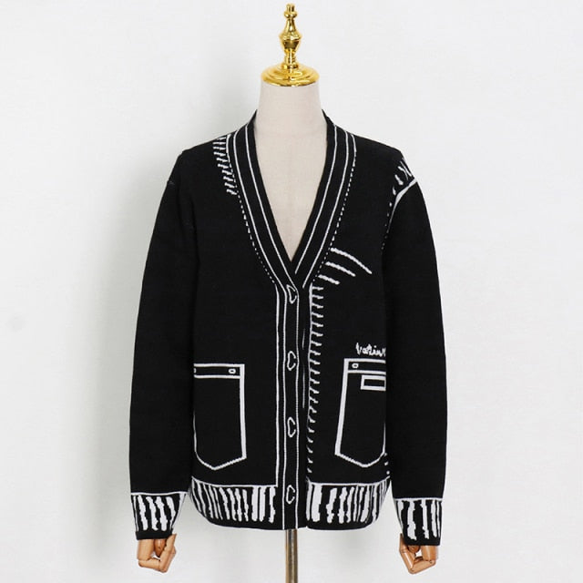 2D Drawing Print Intarsia Cardigan - 2 Colors