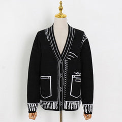 2D Drawing Print Intarsia Cardigan - 2 Colors