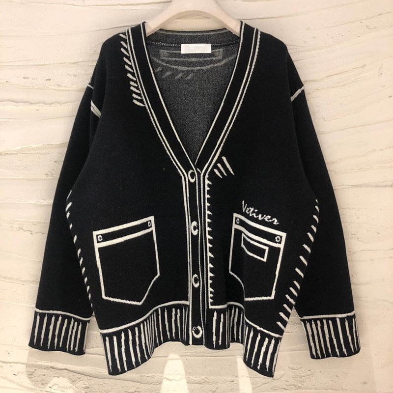 2D Drawing Print Intarsia Cardigan - 2 Colors