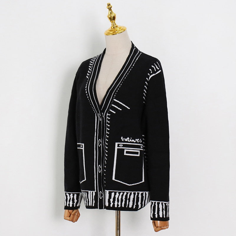 2D Drawing Print Intarsia Cardigan - 2 Colors