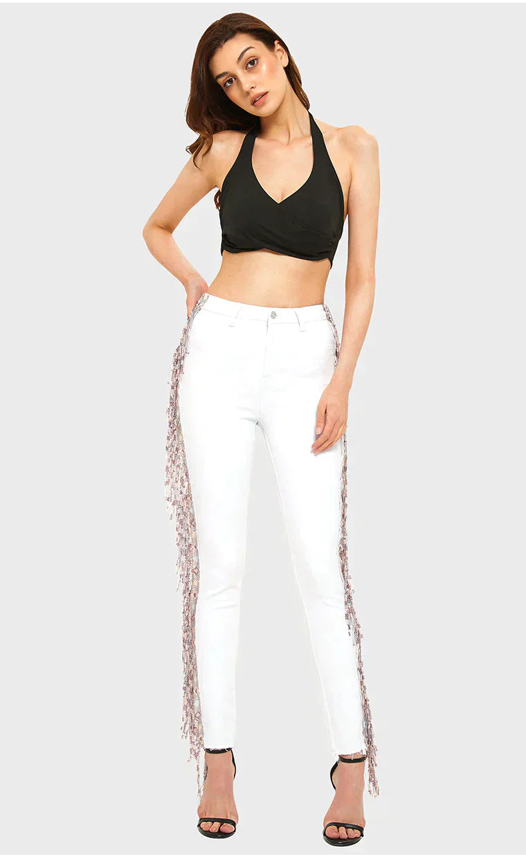 FLASHES BEADS PANTS WHITE JEANS