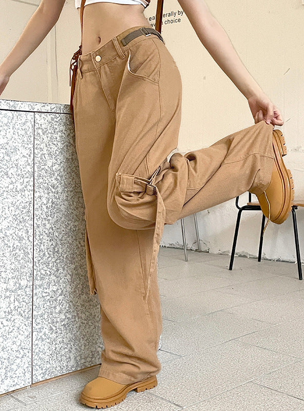 SIDE POCKET STITCHING LOW WAIST STRAIGHT PANTS