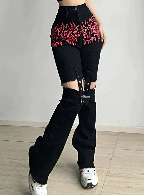 FLAME PRINT STITCHING METAL BUCKLE HIGH WAIST JEANS