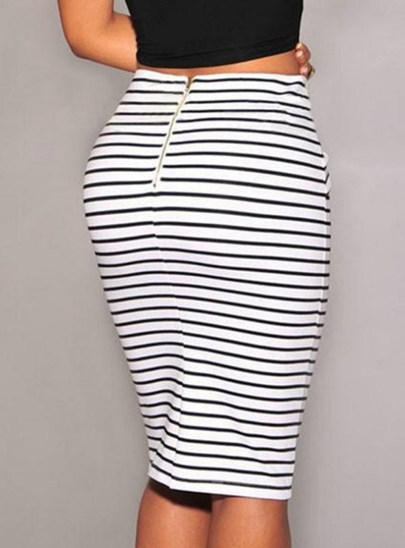 Women Skirt Striped Bow-Tie Zipper Knee-Length Pencil Skirts