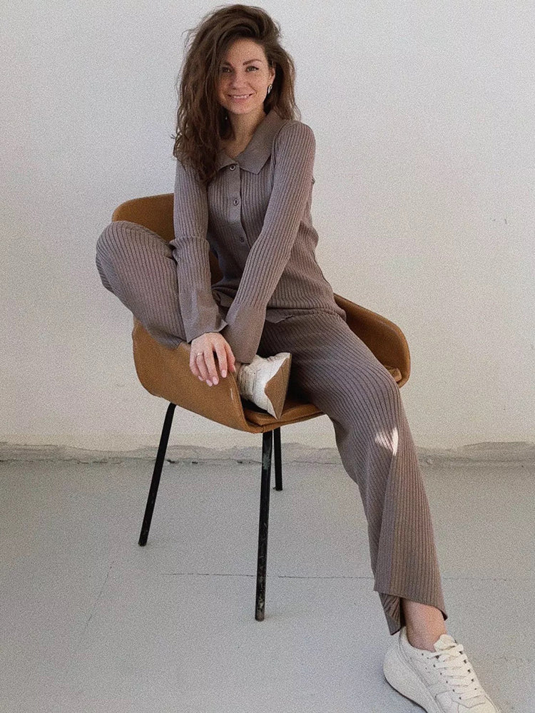 Taruxy OL Homewear Leisure Knitted Suit Women Autumn Long Sleeve Shirts And Wide Legs Pants Suit Casual Two Piece Sets Outfits