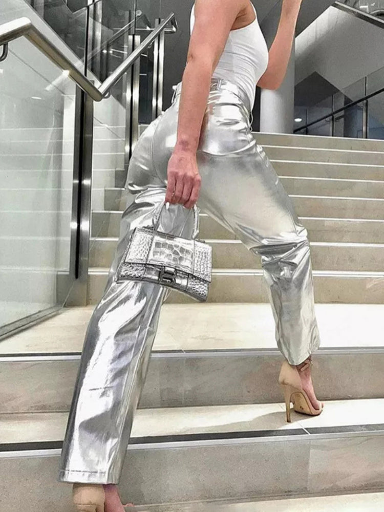 Silver PU Pants Women 2023 Fashion High Waist Loose Wide Leg Pants Girls Clubwear Party Streetwear Femme Long Pant Autumn