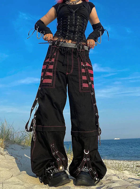 RETRO CHAIN CONTRAST STRIPED MESH STITCHING PANTS