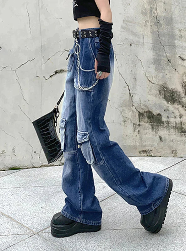 RETRO SLIM WAIST POCKET LOOSE JEANS