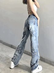 LETTER PATCH LOOSE STRAIGHT JEANS