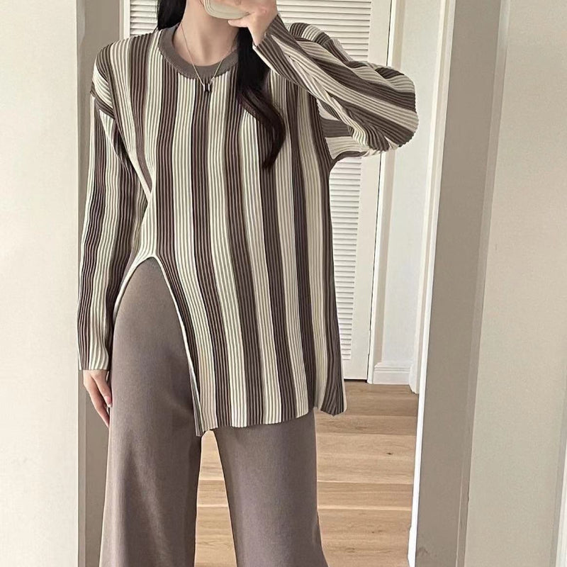 Knitted Side Slits Sweater Women Autumn Loose High Waist Long Pants Women's Fashion Pullover 2 Piece Suits Womens Outfits