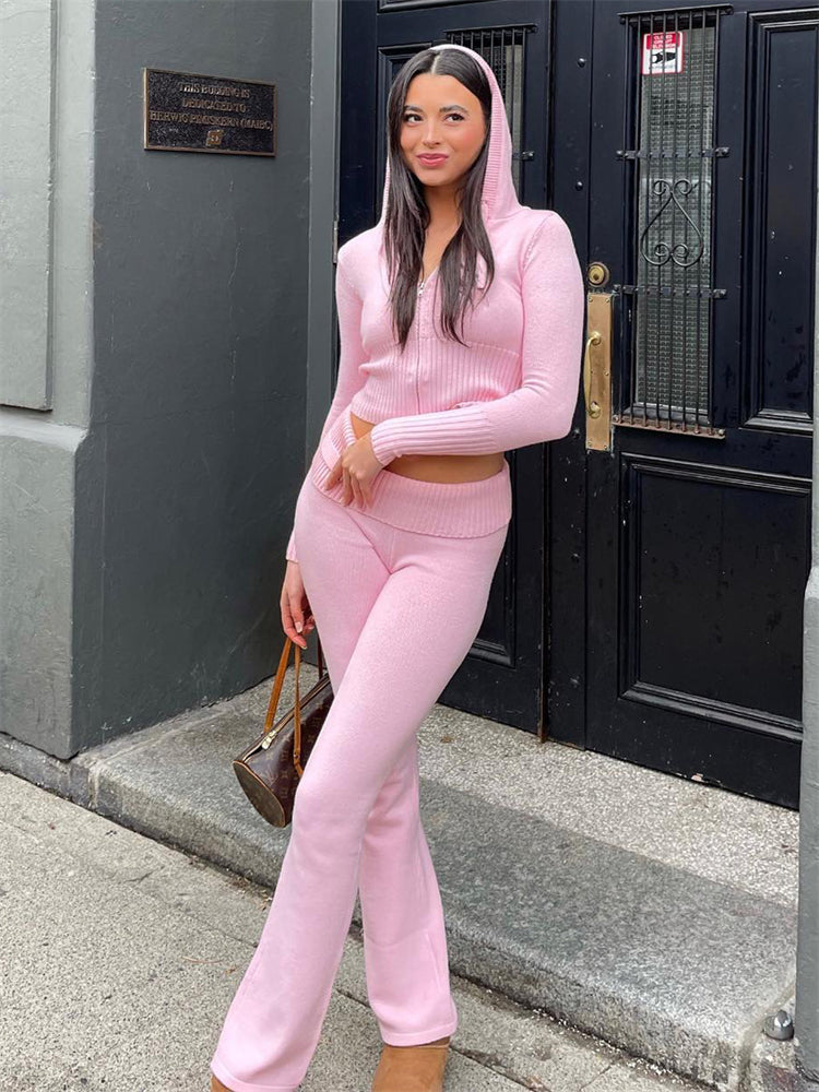 Women Spring Outfits Casual Zipper Sweater Hoodie Set High Waist Flare Pants Suits Pink Knitted Womens Y2k Two Piece SetChristmas Gifts