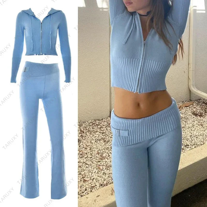 New Knitted Hoodie Cropped Top And Pants Sets White Y2k Casual Outfits Low Waist Knit Two Piece Sets For Women TracksuitChristmas Gifts