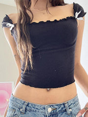 Sweet Bow Square Neck Short Sleeve Crop Tee