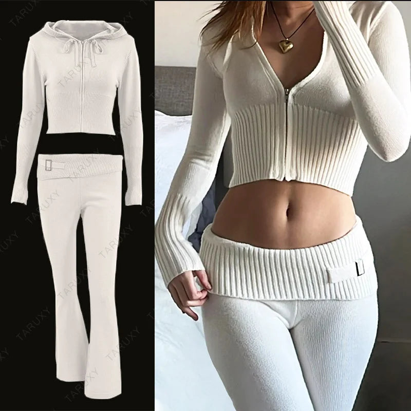 Women Spring Outfits Casual Zipper Sweater Hoodie Set High Waist Flare Pants Suits Pink Knitted Womens Y2k Two Piece SetChristmas Gifts