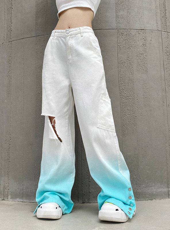 BLUE GRADIENT RIPPED STRAIGHT PANTS JEANS