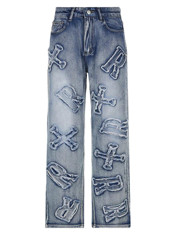 LETTER PATCH LOOSE STRAIGHT JEANS