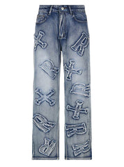 LETTER PATCH LOOSE STRAIGHT JEANS