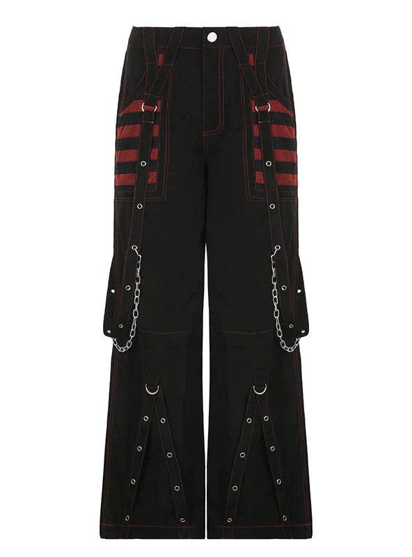 RETRO CHAIN CONTRAST STRIPED MESH STITCHING PANTS