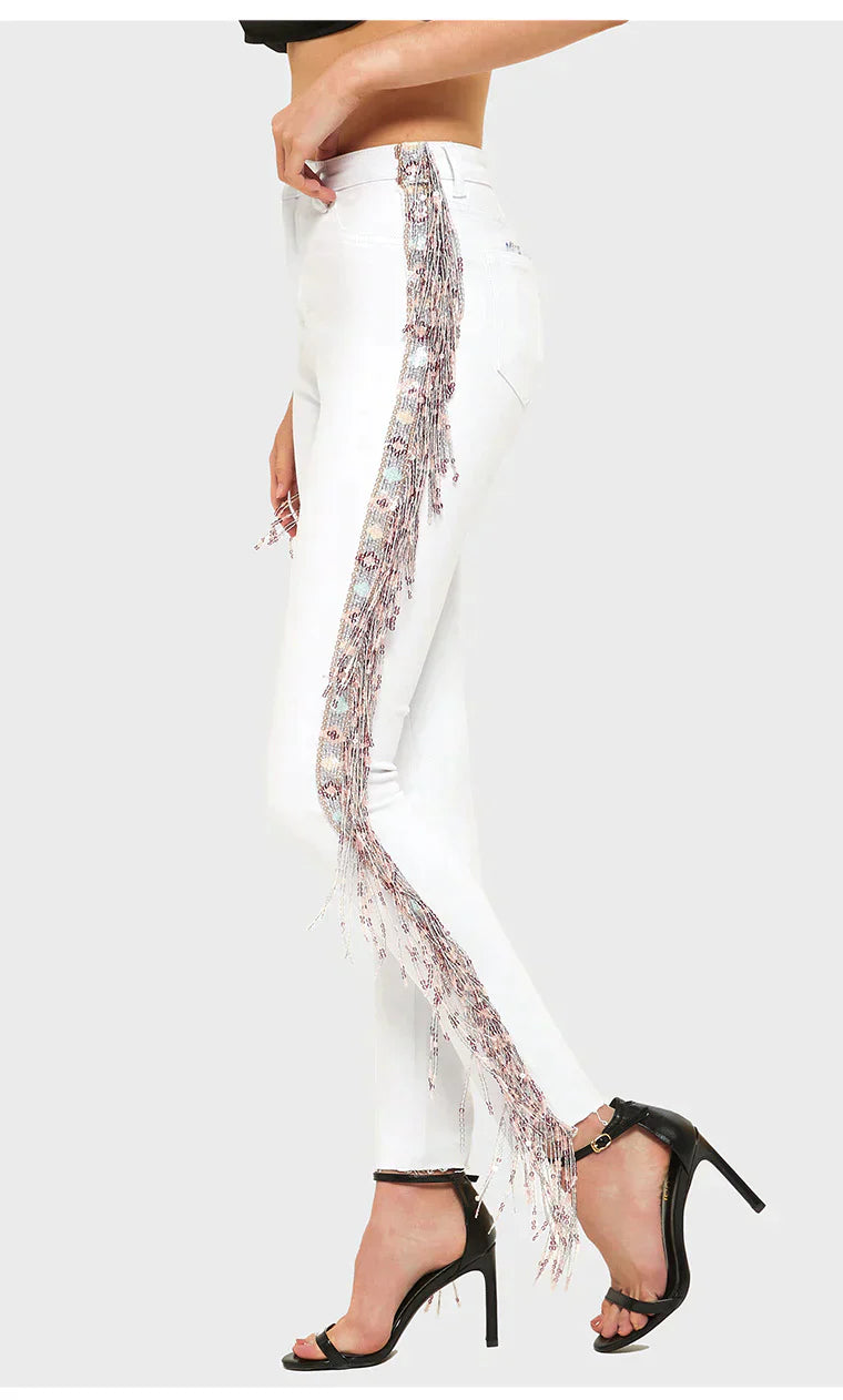 FLASHES BEADS PANTS WHITE JEANS