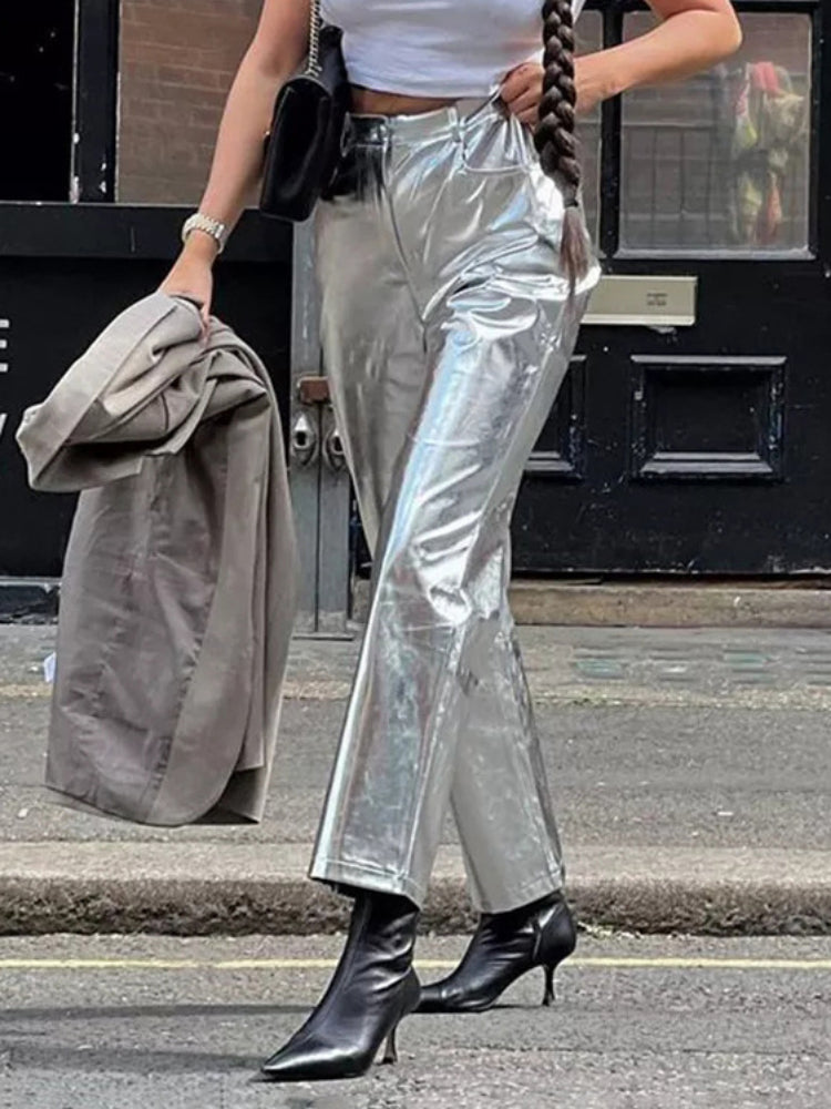 Silver PU Pants Women 2023 Fashion High Waist Loose Wide Leg Pants Girls Clubwear Party Streetwear Femme Long Pant Autumn