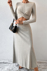 Ribbed Round Neck Top and Skirt Set