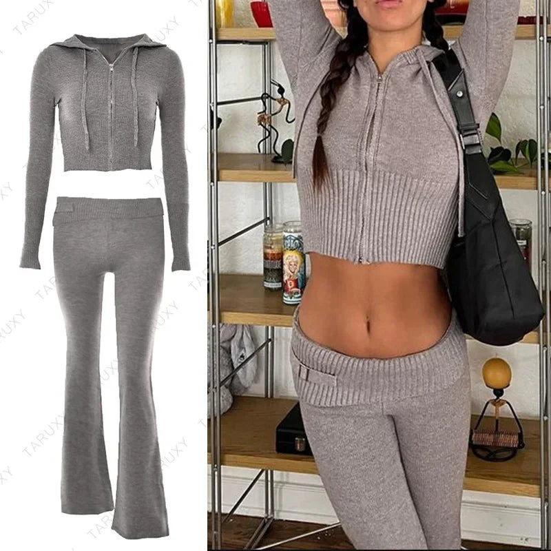 New Knitted Hoodie Cropped Top And Pants Sets White Y2k Casual Outfits Low Waist Knit Two Piece Sets For Women TracksuitChristmas Gifts