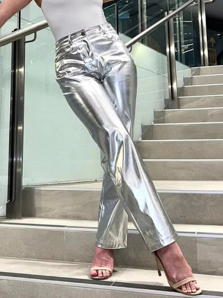 Silver PU Pants Women 2023 Fashion High Waist Loose Wide Leg Pants Girls Clubwear Party Streetwear Femme Long Pant Autumn