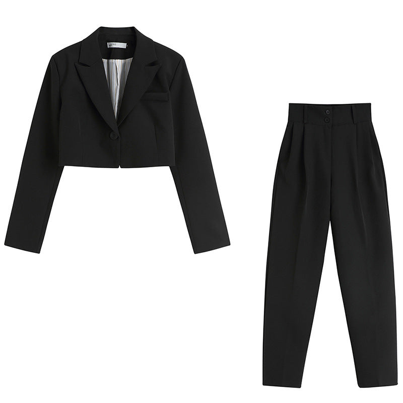 Taruxy Women Blazer And Pants Sets Autumn Black Crop Blazers Coats And Pencil Long Pants High Streetwear Business Suit Outfits