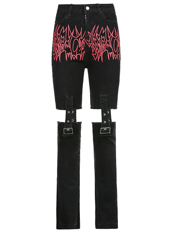 FLAME PRINT STITCHING METAL BUCKLE HIGH WAIST JEANS