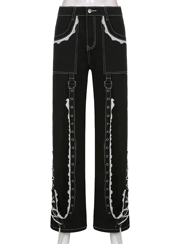 STRAIGHT LACE STITCHING RIBBON CHAIN JEANS