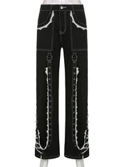 STRAIGHT LACE STITCHING RIBBON CHAIN JEANS