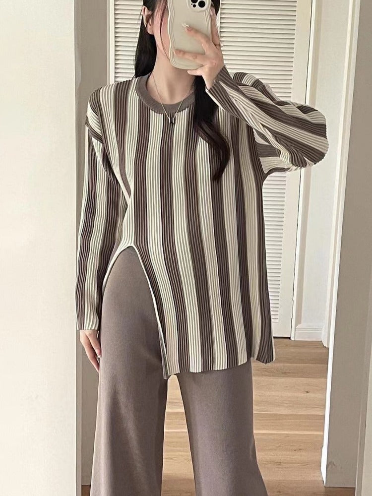 Knitted Side Slits Sweater Women Autumn Loose High Waist Long Pants Women's Fashion Pullover 2 Piece Suits Womens Outfits