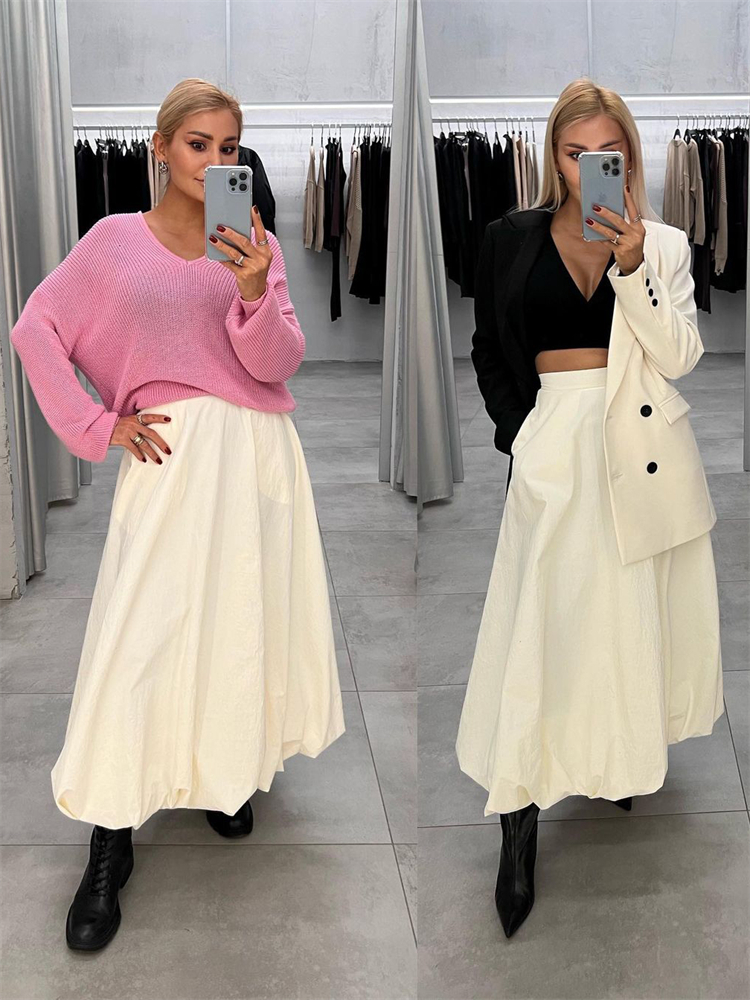 Silk Satin White Maxi Skirt Long Ruffled Pleated Skirts Elegant Lantern Pants A-Line Silk Long Skirts For Women  NewChristmas Gifts