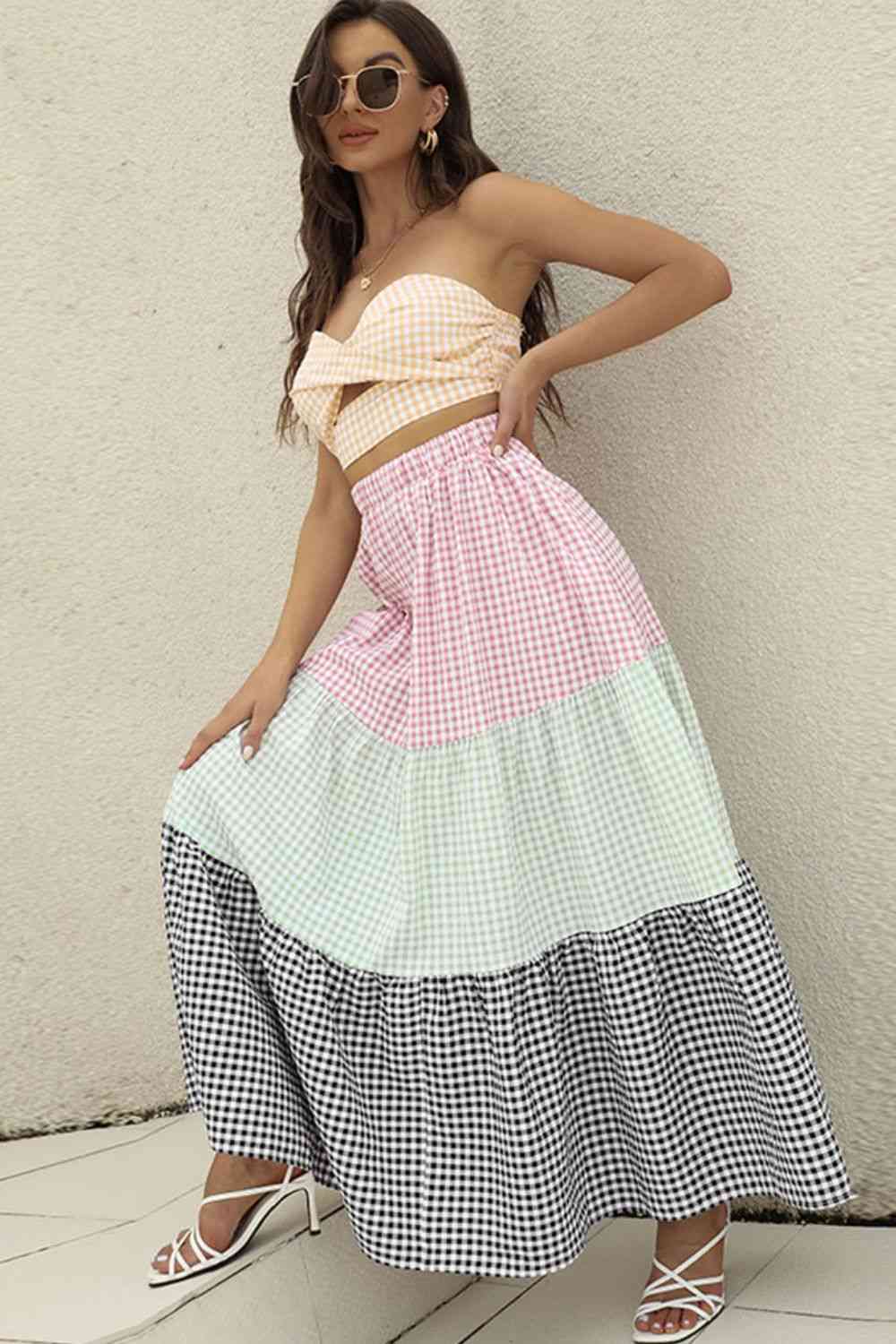 Plaid Strapless Top and Tiered Skirt Set