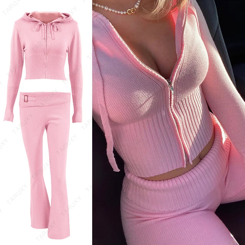 Women Spring Outfits Casual Zipper Sweater Hoodie Set High Waist Flare Pants Suits Pink Knitted Womens Y2k Two Piece SetChristmas Gifts