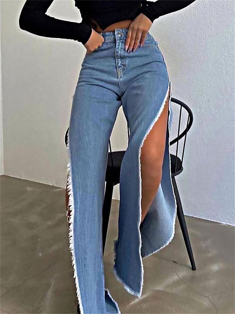 High Waisted Side Split Out Jeans Women Casual Loose Cargo Black Pants Streetwear Summer Wide Leg Long Baggy Y2k Jeans