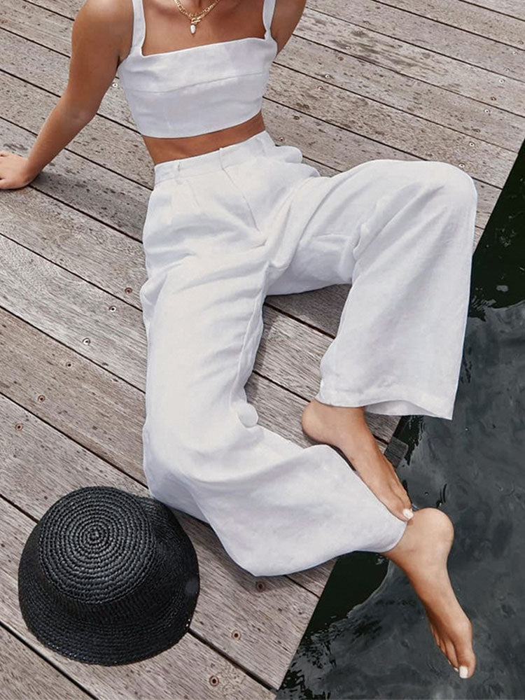 Wide Leg Pants Sets For Women 2023 Sleeveless Backless Crop Tops Ladies Loose Casual Trouser Suirt Womens Outfits Summer