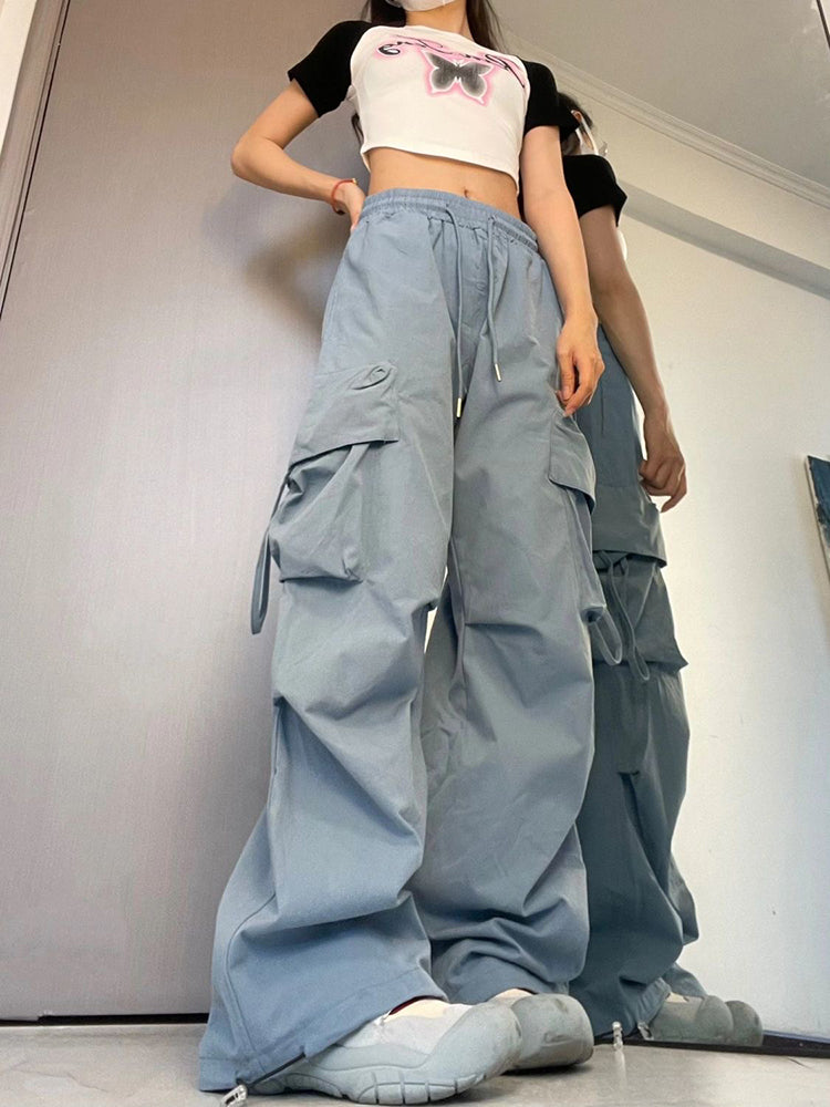 Women Y2K Cargo Pants High Waist Streetwear Hip Hop Trousers Female Big Pockets Casual Student Drawstring Baggy Sweatpants