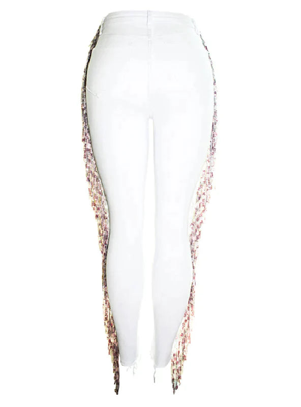 FLASHES BEADS PANTS WHITE JEANS