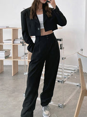 Taruxy Women Blazer And Pants Sets Autumn Black Crop Blazers Coats And Pencil Long Pants High Streetwear Business Suit Outfits