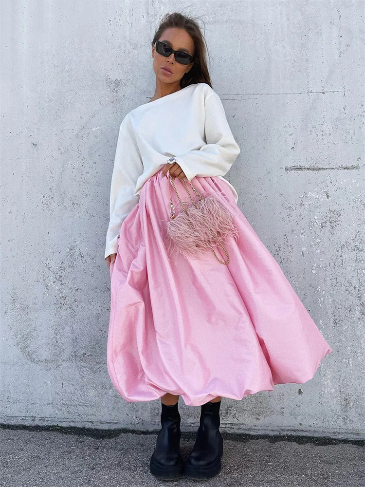 Silk Satin White Maxi Skirt Long Ruffled Pleated Skirts Elegant Lantern Pants A-Line Silk Long Skirts For Women  NewChristmas Gifts