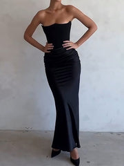 Vintage Satin Bandeau Splice Slim Maxi Dress with Corset Ruched