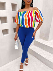 Multicolor Off Shoulder Top and Long Pants Set