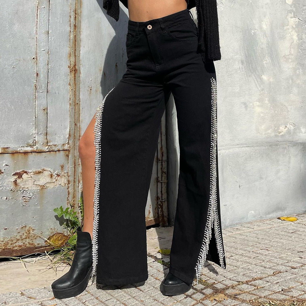 High Waisted Side Split Out Jeans Women Casual Loose Cargo Black Pants Streetwear Summer Wide Leg Long Baggy Y2k Jeans