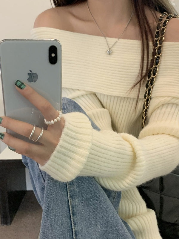 Vintage Solid Color Off Shoulder Sweater