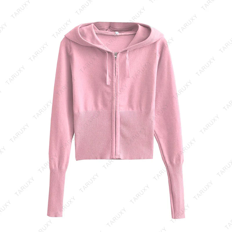 Women Spring Outfits Casual Zipper Sweater Hoodie Set High Waist Flare Pants Suits Pink Knitted Womens Y2k Two Piece SetChristmas Gifts