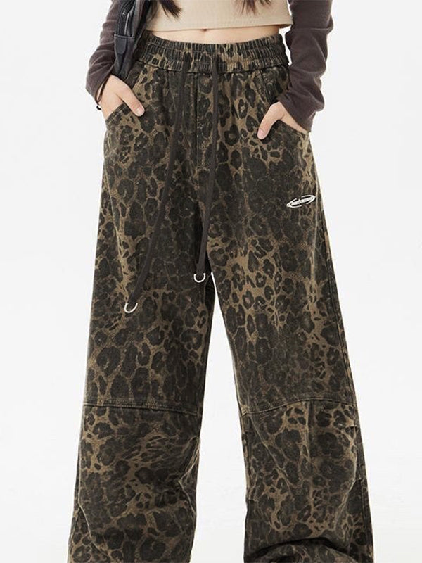 Punk Leopard Cargo Pants with Drawstring